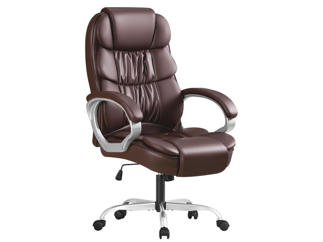 Leather High Back Office Chair Ergonomic Executive Office Chair Swivel Computer Desk Chair Lumbar Support Soft Cushioned Padded Arms (Brown)