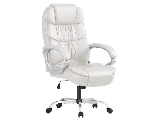 Leather High Back Office Chair Ergonomic Executive Office Chair Swivel Computer Desk Chair Lumbar Support Soft Cushioned Padded Arms (White)