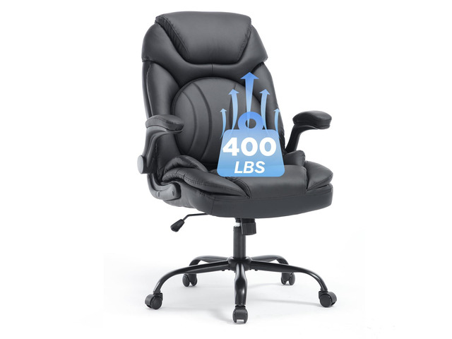 Ergonomic Executive Office Desk Chair with Back Support, Black Adjustable Lumbar Support, Flip-up Arms, Faux Leather, Plus Size, Wheels