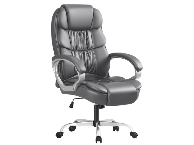 Leather High Back Office Chair Ergonomic Executive Office Chair Swivel Computer Desk Chair Lumbar Support Soft Cushioned Padded Arms (Grey)