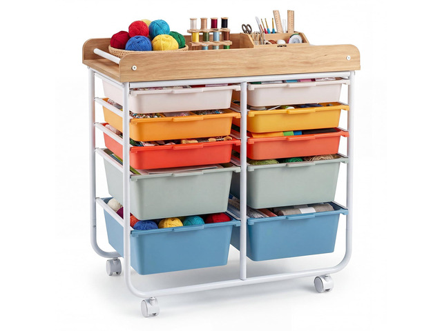10-Drawer Rolling Cart with Drawers - Mobile Art Craft Organizer w/Wooden Top, Lockable Wheels, Metal Frame & Handles, Utility Storage Cart for...