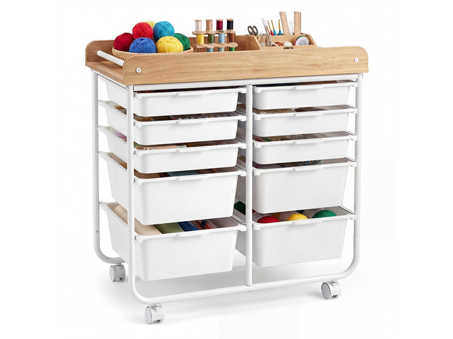 10-Drawer Rolling Cart Mobile Storage Organizer Wooden Top,Metal Frame,Lockable Wheels,Built-in Handles,For Office Study School Classroom