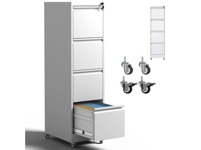 4 Drawer Mobile File Cabinet with Lock,White Metal Filing Cabinets Vertical File Cabinet with Wheels,Heavy Duty Home Office Storage Cabinet for...