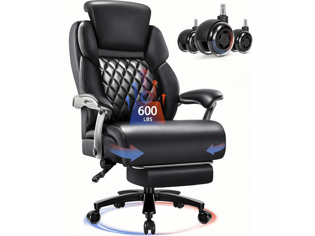 Big and Tall Office Chair with Footrest and Lifting Headrest,Leather Chair for Heavy People,Executive Office Chair,Adjustable Lumber Support 600LBS