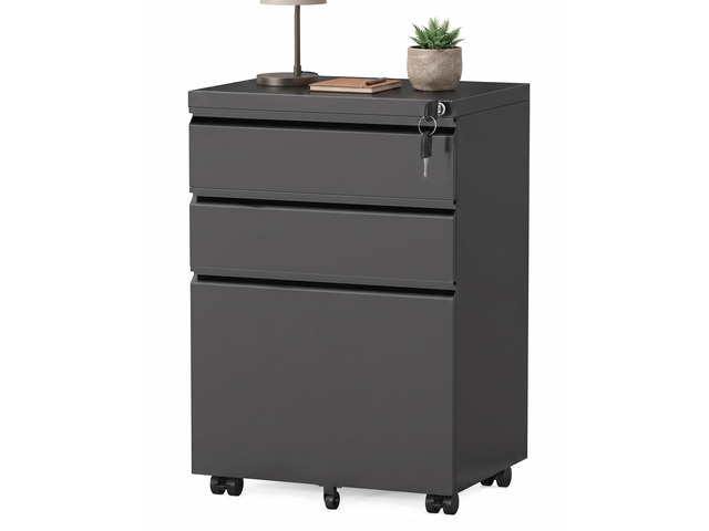 Fully Assembled 3 Drawer Mobile File Cabinet with Lock, Black Fits Letter, Legal And A4 Files; Under Desk Metal Filing Cabinet with Wheels for...