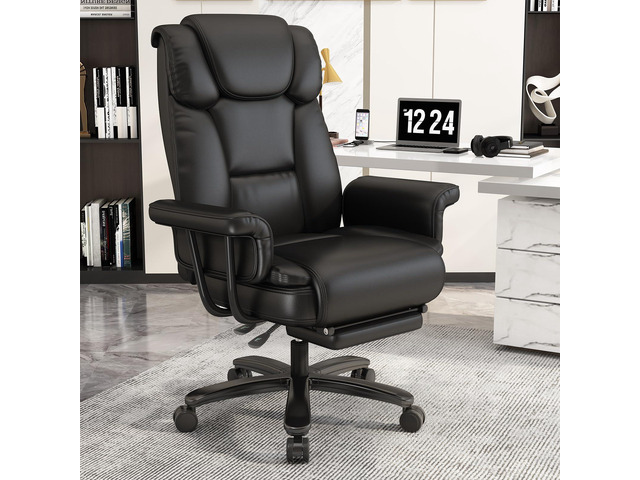 160 Reclining Office Chair with Footrest, Big & Tall Desk Chair, Black Cross Legged Seat, High Back, Faux Leather, Heavy Duty Base, Adjustable...
