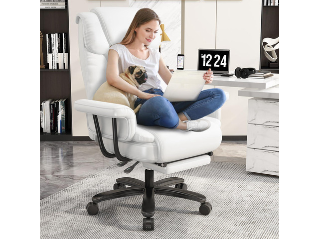 160 Reclining Office Chair with Footrest, Big & Tall Desk Chair, White Cross Legged Seat, High Back, Faux Leather, Heavy Duty Base, Adjustable...