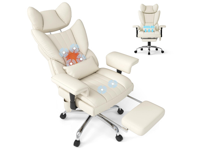 6 Points Massage Heated Home Office Chair with Foot Rest, Beige 400LBS Executive Office Chair with Adjustable Headrest, Armrest and Lumbar...