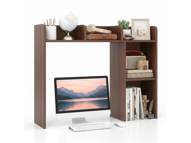 Desktop Bookshelf, 3-Tier Desk Shelf with 5 Racks, Walnut Table Top Bookcase for 27' Monitor with Non-Slip Pads and Anti-Tipping Device, Desk...