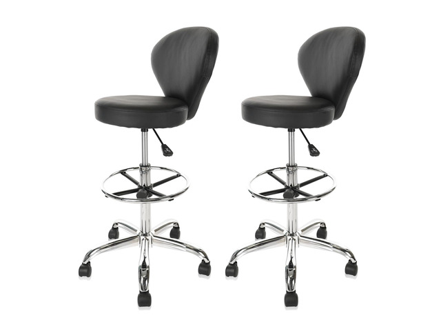PVC Faux Leather Drafting Chair Set of 4 Rolling Swivel Salon Stool with Back Foot Rest Adjustable Hydraulic Seat Height 30 Inch Diameter 15 in...