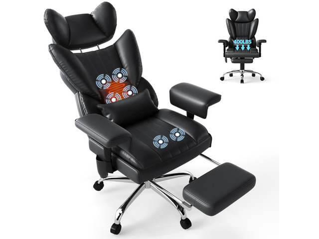 6 Points Massage Heated Home Office Chair with Foot Rest, Black 400LBS Executive Office Chair with Adjustable Headrest, Armrest and Lumbar...