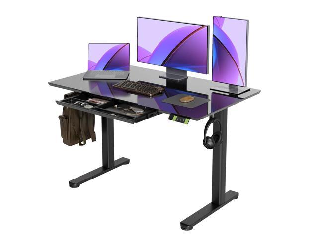 Glass Standing Desk with Drawers 48x24 Inch Black Tempered Glass Top, Ergonomic, 3 Memory Presets, Adjustable Height, Stand Up Desk