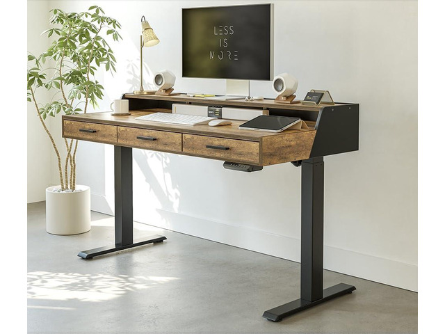 48x26 Inches Standing Desk with 3 Wooden Drawers and Monitor Shelf, Height Adjustable Computer Desk, Ergonomic Rising Home Office Desks, Sit Stand...
