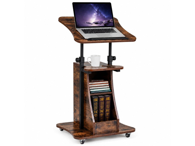 Sit to Stand Mobile Lectern Teacher Podium Stand Rustic Brown Rolling Laptop Desk Cart with Storage Shelves, Casters, Swivel Top, Height...