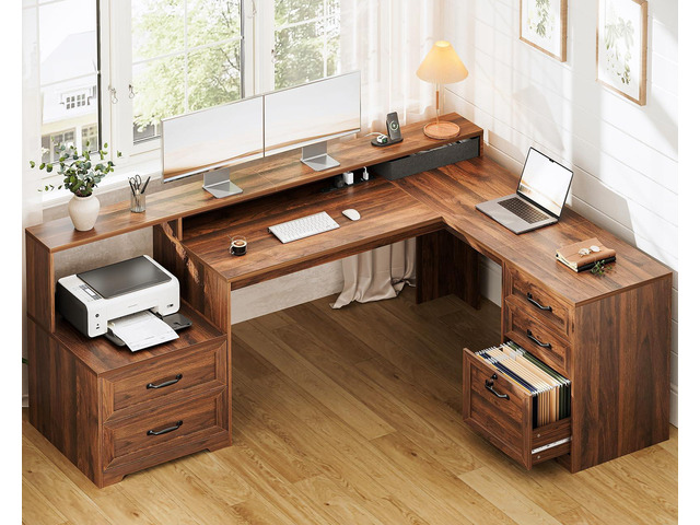 Farmhouse 68 Inch L Shaped Executive Desk with Drawers, Walnut Corner Table with Monitor Stand, Office Desk with Printer Shelf, File Cabinet,...