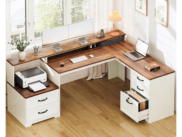Farmhouse 68 Inch L Shaped Executive Desk with Drawers, Walnut+White Corner Table with Monitor Stand, Office Desk with Printer Shelf, File...