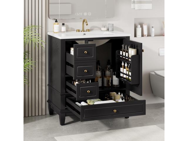 30 Inch Black Bathroom Vanity with Sink,Modern Bathroom Vanity with Integrated Countertop,3 Drawers Left Hand,Storage Door Organizer,Soft Closing.