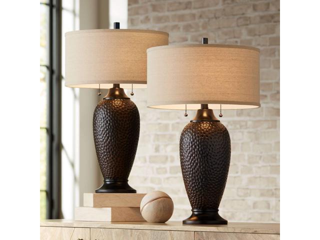 Cody Rustic Farmhouse 3-Way Table Lamps 26' High Set of 2 with Table Top Dimmers Hammered Oiled Bronze Oatmeal Linen Drum Shade for Living Room.