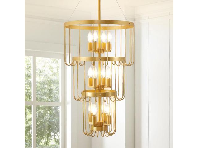 18 Inch Gold Foyer Chandelier,12 Light Lantern Tiered Pendant Light Fixtures,Modern Foyer Lighting Fixtures,Farmhouse Chandelier for Entryway,Large.