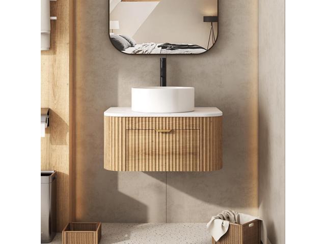 24 Inch Floating Bathroom Vanity with Sink Combo, Wall Mounted Vanity with Marble Look Wooden Countertop & Ceramic Sink, Modern Fluted Cabinet with...