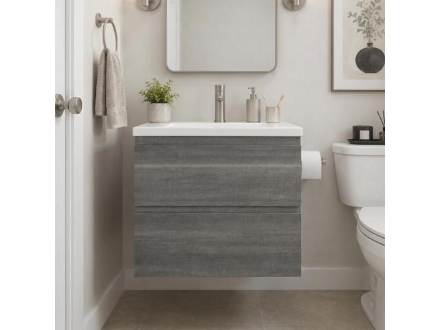 24 Inch Floating Bathroom Vanity with Sink, Gray Wall Mounted Vanity Cabinet with 2 Drawers, Ceramic Sink, Soft Close Slides for Small Bathroom,...