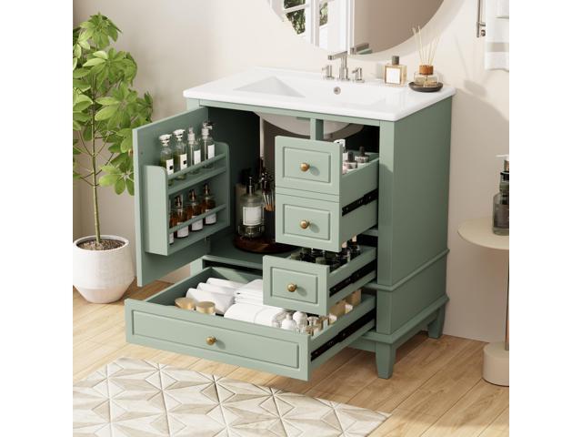 30 Inch Sage Green Bathroom Vanity with Sink,Modern Bathroom Vanity with 3 Drawers & Gold Knobs,with Integrated Ceramic Countertop,Soft Closing.