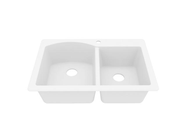 33' Drop-In/Top Mount Quartz Composite 1-Hole 60/40 Double Bowl Kitchen Sink in White
