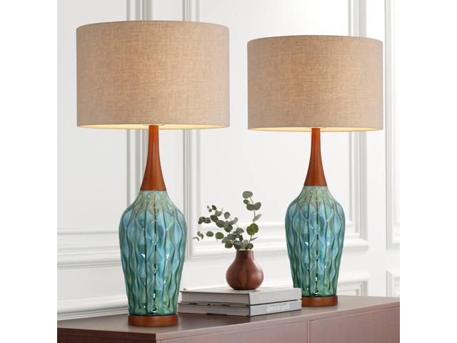 Rocco Mid Century Modern Table Lamps 30' Tall Set of 2 Blue Teal Glaze Ceramic Cherry Wood Tan Fabric Drum Shade for Cottage Core Bedroom Living.