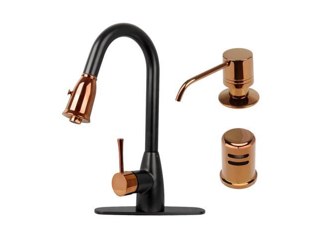 Two Tone Kitchen Faucet Set with Air Gap and Soap Dispenser, Single Handle Solid Brass High Arc Pull Down Sprayer Head Kitchen Sink Faucets with.
