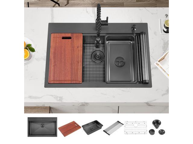 33 Inch Black Large Single Bowl Drop in Workstation Kitchen Sink,33x22 Inch Stainless Steel Handmade Workstation Ledge Drop in Kitchen Sink