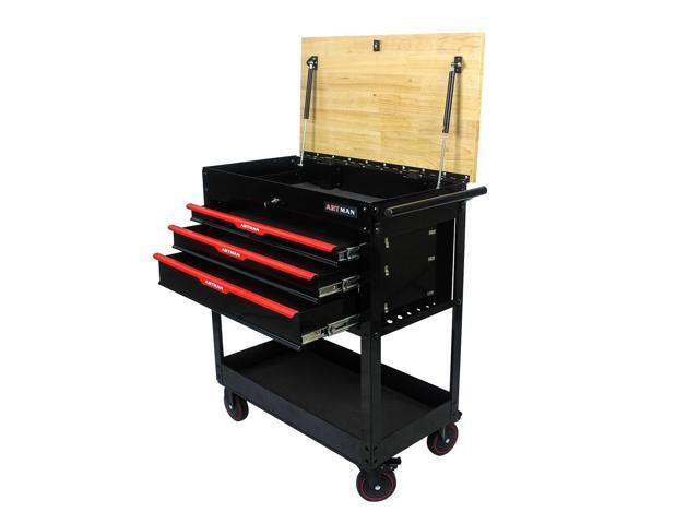 3-Drawer Rolling Tool Cart with Lift-Up Wooden Top, Heavy Duty Mobile Tool Cabinet with Secure Lock and Wheels, Multi-Functional Storage for Garage.