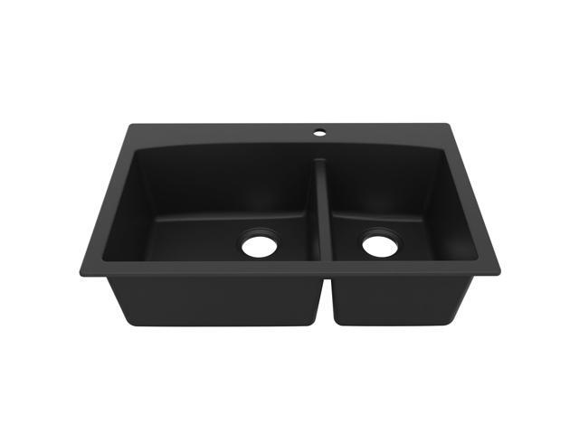 QT-711 Drop-In Quartz Composite 33 in. 1-Hole 60/40 Double Bowl Kitchen Sink in Black