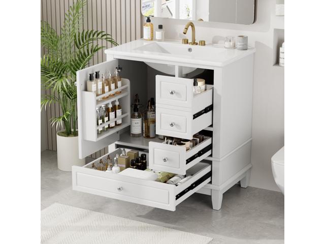 30 Inch White Bathroom Vanity with Sink,Modern Bathroom Vanity Cabinet with Integrated Countertop,3 Drawers Right Hand,Soft Closing Door with...