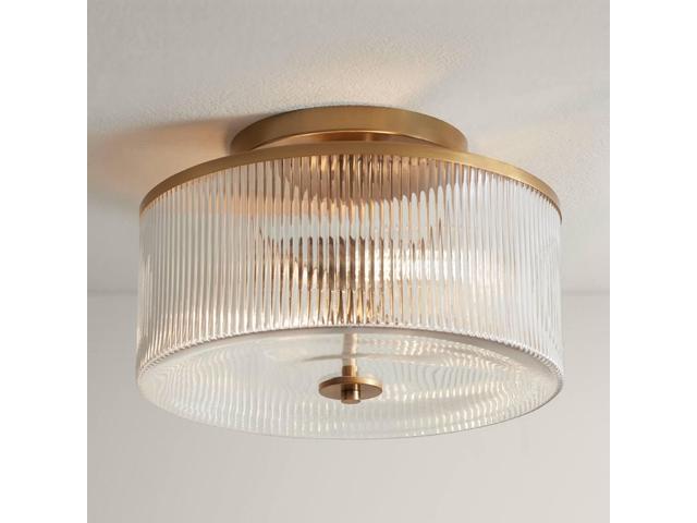 McKenzie 14' Mid Century Modern 2-Light Semi Flush-Mount Ceiling Light Fixture Kitchen Foyer Hallway Drum Round Warm Brass Finish Ribbed Glass.