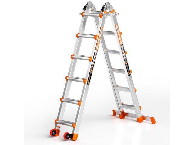 20FT A Frame Extension Ladder, 3-Step Ladder with Stabilizer Bar & Rolling Wheels, 330 LBS Heavy Duty, Multi-Use Ladder for Stairs Home Roof Indoor...