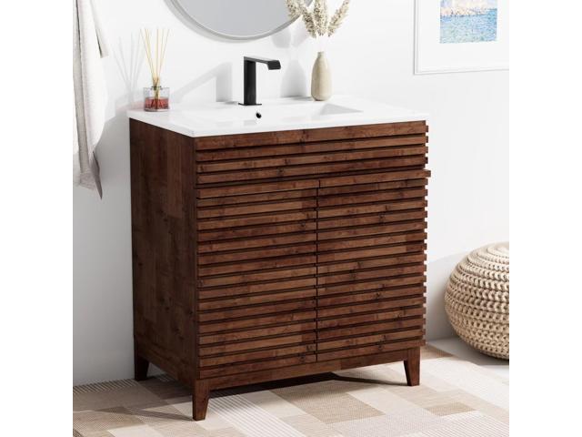 30' Nature Acacia Bathroom Vanity with 1 Hole Ceramic Sink Combo, Freestanding Vanity Cabinet with 2 Invisible Soft Closing Doors, Acacia Wood Grain