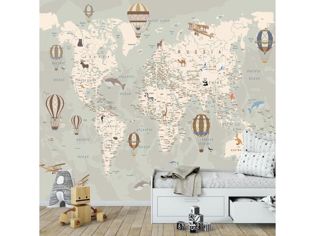 Kids World Map Wallpaper with AnimalsPeel and Stick Educational DecalsNursery Murals for Baby, Toddlers,Boys, Kids RoomRemovable Waterproof Decor...
