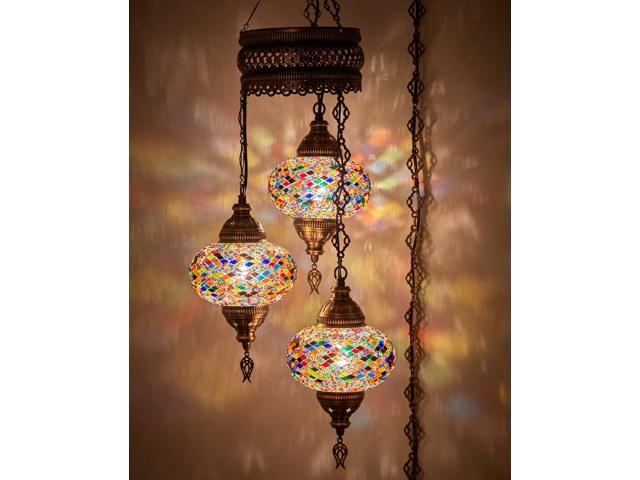 Plug-in Turkish Hanging Lamp, Handmade Moroccan Mosaic Chandelier Pendant Light Fixture with 15-ft Cord & Chain, Decorative Ceiling Lamp for Living...