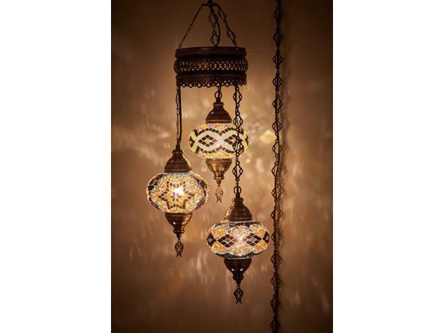 Plug-in Turkish Hanging Lamp, Handmade Moroccan Mosaic Chandelier Pendant Light Fixture with 15-ft Cord & Chain, Decorative Ceiling Lamp for Living.