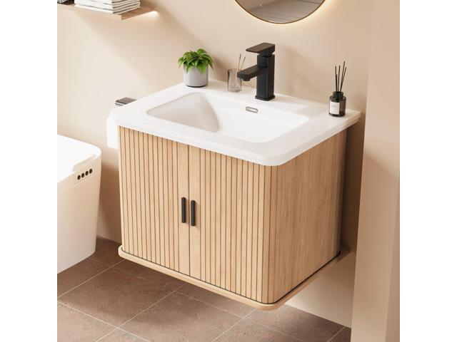24 Inch Floating Bathroom Vanity with Sink, Wall Mounted Bath Vanity Combo with Fluted Sliding Doors, Small Space Bathroom Cabinet with Ceramic.