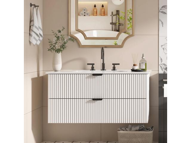 Bathroom Vanity 36 inch with Sink, Floating Bathroom Vanity, White Ceramic Sink & Double Drawers, Soft-Close Design, Wall Mount Bathroom Cabinet,...
