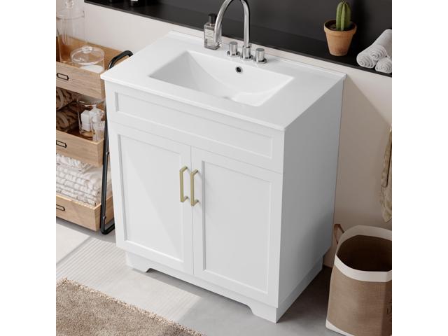 Bathroom Vanity with Ceramic Sink, Quick Assembly 30 Inch Double Door Bathroom Cabinet Vanity with Wooden Frame and Storage, White