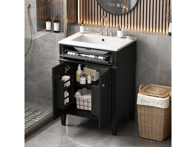 24' Bathroom Vanity with Ceramic Sink, Modern Bathroom Storage Cabinet with 2 Soft Closing Doors and Tip-Out Drawer, Solid Wood Frame Bathroom...