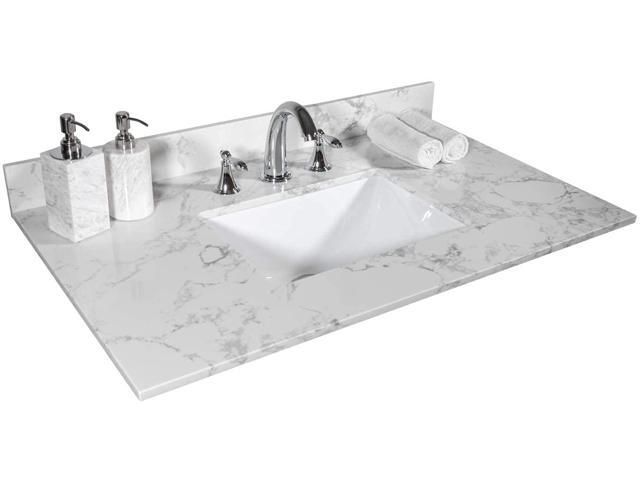 31 Inch Marble Vanity Top with Undermounted Rectangular Ceramic Sink & Backsplash, White Carrara Engineered Stone Countertop Vanity Sink Top for.