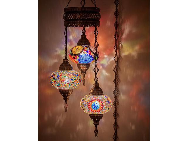 Plug-in Turkish Hanging Lamp, Handmade Moroccan Mosaic Chandelier Pendant Light Fixture with 15-ft Cord & Chain, Decorative Ceiling Lamp for Living...