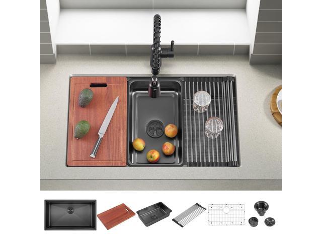 32 Inch Black Large Single Bowl Workstation Undermount Kitchen Sink,32x19 Inch Stainless Steel Handmade Undermount Workstation Kitchen Sink