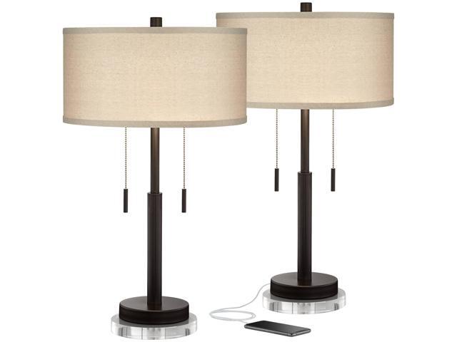 Bernie Modern Industrial Table Lamps Set of 2 with Round Risers USB Ports 26' High Bronze Metal Tan Drum Shade for Bedroom Living Room House Home...