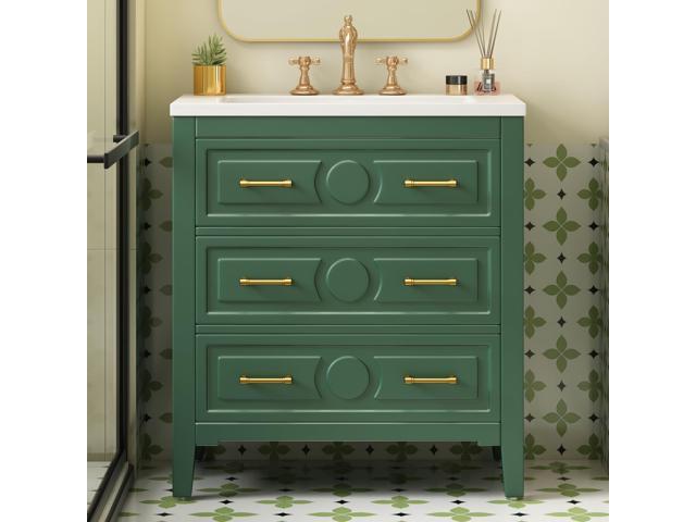 30' Bathroom Vanity with Sink Top, 3-Drawer Bathroom Vanity Storage Cabinet with Gold Pulls, Tip-Out Drawer, Solid Wood Frame Bath Storage Vanity...
