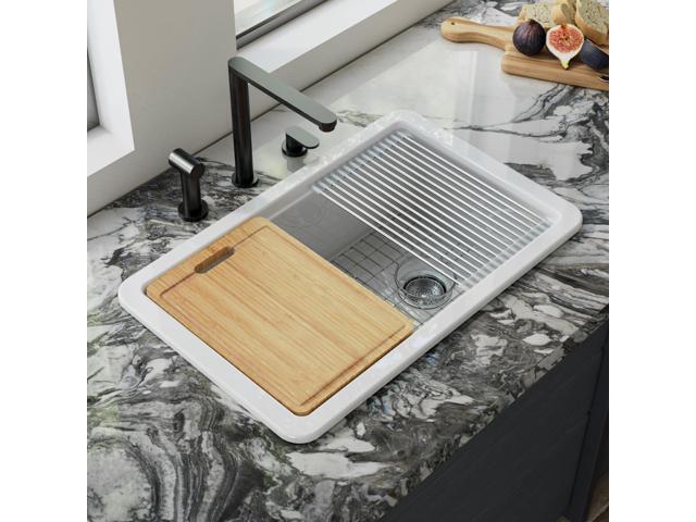30'W x 19'D White Kitchen Sink with Offset Drain Opening, 30 Inch Fireclay Undermount Workstation Sink Single Bowl, Durable Dual Mount Sinks,...
