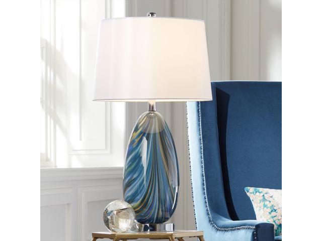 Pablo Modern Style Table Lamp with Dimmer and USB Charging Port 27' Tall Multi Blue Art Glass White Drum Shade for Living Room Bedroom House.